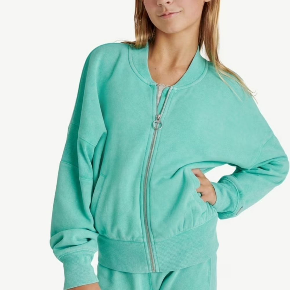 Justice Girls Washed Fleece Bomber Jacket Teal Size S NWT Contemporary Casual